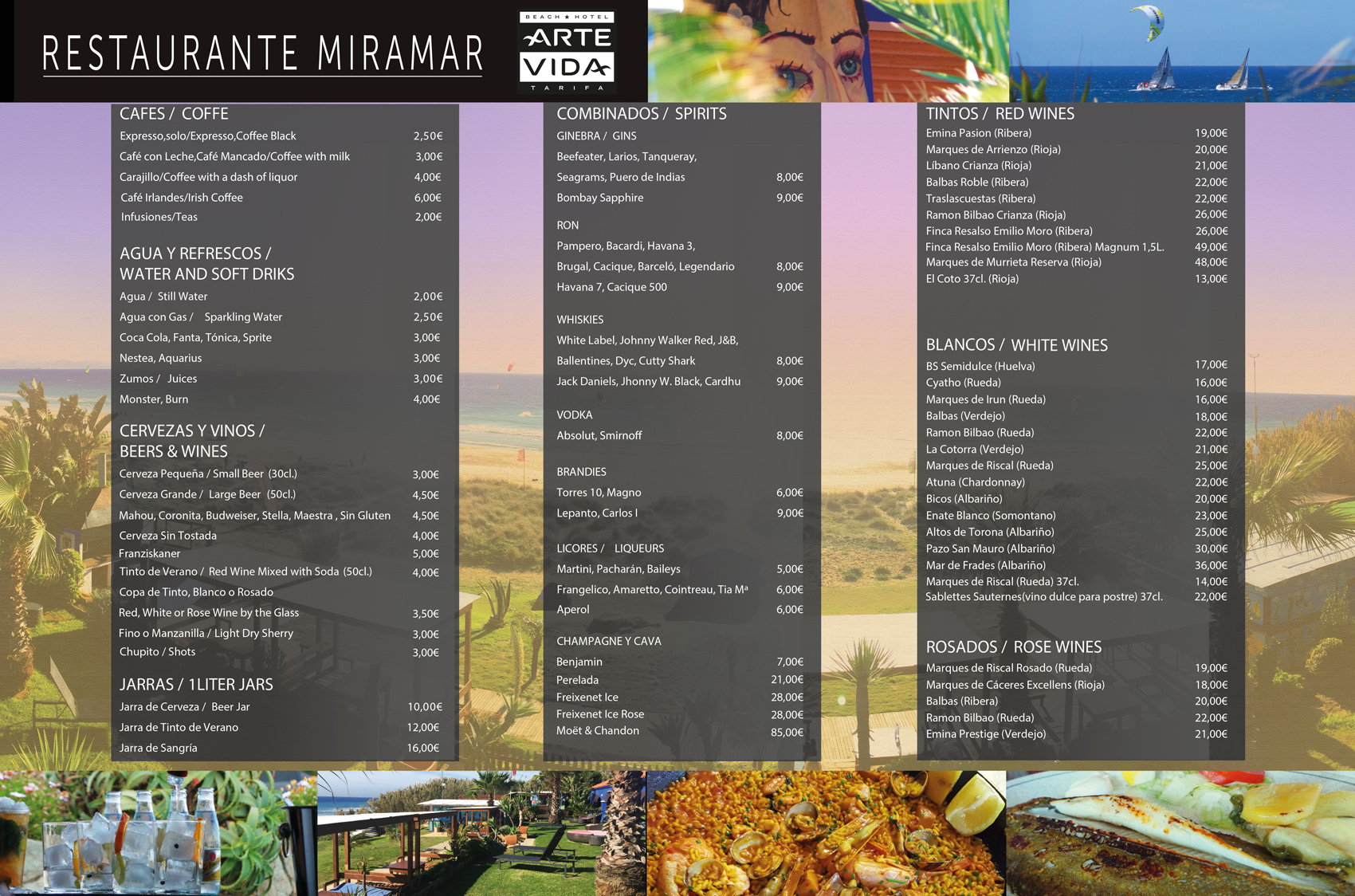 menu restaurante miramar hotel arte vida tarifa